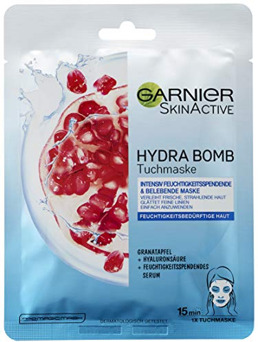 Garnier Máscara de tela Hydra Bomb, máscara facial con ácido hialurónico, granada y suero hidratante, 1 x 32 g