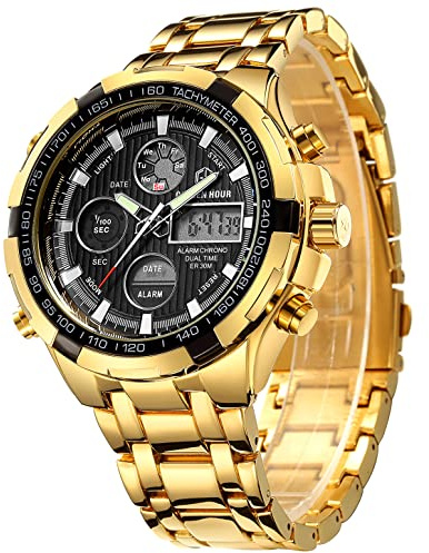 GOLDEN HOUR Luxe Acier Inoxydable Analogique Numérique Montres pour Hommes Hommes Sport De Plein Air Étanche Gros Bracelet (Gold Black)