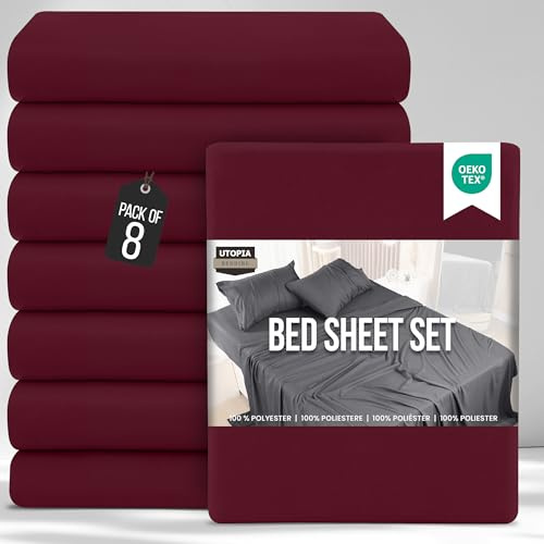 Utopia Bedding Bed Sheets Set Bulk Pack of 8 (Double, Burgundy) – Fitted Sheet, Flat Sheet with Pillow cases 50x75 – Wrinkle, Shrinkage & Fade Resistant – Soft Brushed Polyester Microfiber Fabric
