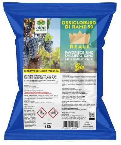 Albagarden - Ossicloruro Di Rame 50% + Boro - Verderame per Piante, effetto Fungicida per Piante - Concime per Malattie Peronospora, Bolla del Pesco, Oidio - Polvere Bagnabile Biologica MAXI 5 kg