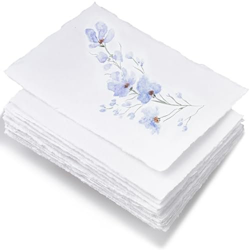 Wanderings Handgefertiges Weißes Büttenpapier Blankopapier - 10.5x15 cm - 50er-Pack - Aquarell Mischtechnik-Papier - Save The Date, Einladungen, Grußkarten, Notizen, Diy Kunst - Dickes 150 gsm
