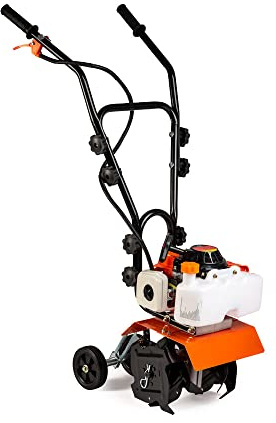 AMC Motoazada motocultor azada con motor de explosión de 2 tiempos de 65 cc y 3,7 CV de potencia con un ancho de radio de trabajo de 30 cm y una profundidad de 15 cm azadas de acero reforzado