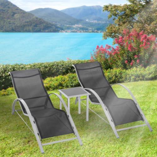 Garden Mile - Sun Lounger 3pc Heavy Duty Garden Chairs with Powder-Coated Steel Frame – Comfortable Outdoor Furniture Set with 2 Recliners & Outdoor Side Table for Patio, Decking & Poolside Use