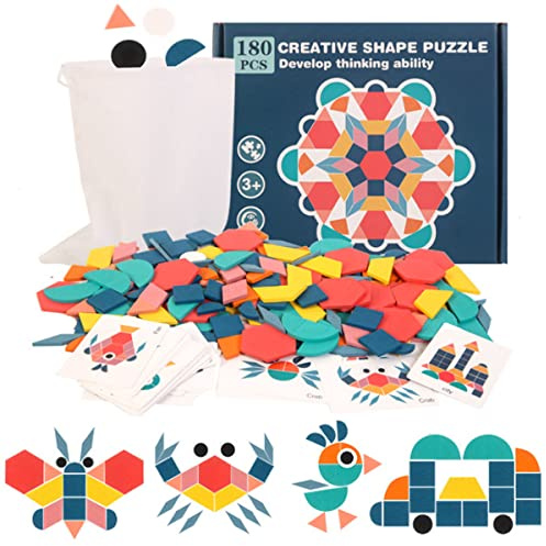 LiRiQi Rompecabezas de Madera con Forma geométrica, Tangram Puzzle Divertido Juguetes Educativos, Regalos Juguetes Montessori para Niños 3 4 5 6 Años, 180 Piezas de Formas geométricas y 24 Tarjetas