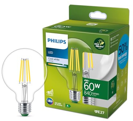 Philips LED Lampadina Globo a Filamento Classe A Ultra Efficiente a Risparmio Energetico, 60W, E27, Luce Bianca Fredda