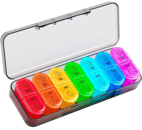Tablettenbox 7 Tage Morgens Abends, Pillendose Woche 2 Fächer Groß, Medikamentenbox 7 Tage mit Pillenbox Klein für Unterwegs, Tabletten Organizer 14 Tage Tragbare Tablettendose (Schwarz)