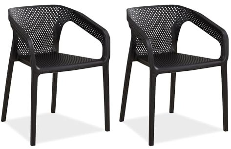Homestyle4u Lot de 2 chaises de jardin empilables en plastique noir avec accoudoirs - Résistantes aux intempéries
