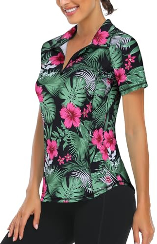 Syphiby Ladies Summer Short Sleeve Golf Sport Gym Tops Womens Polo Shirts | Women's 1/4 Zip V Neck Activewear, Workout Yoga Running Tennis Golf Tops Clothing, Quick Dry Lightweight Stretchy UPF 50+