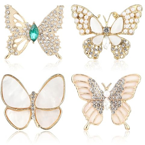 Andibro Broches Papillon pour Femme, Lot de 4 Broches en Perles de Strass Artificielles Élégante Broche à la Mode Écharpe Broche Clip Badge Corsage