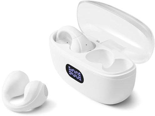 KESAIYI Auriculares inalámbricos con clip para la oreja, Bluetooth 5.3, impermeables, conducción ósea, oído abierto, auriculares deportivos de alta fidelidad para música (blanco)