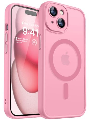 CANSHN Funda Magnética para iPhone 15, Compatible con MagSafe, [Protección Total de La Cámara], Carcasa Fondo Mate Translúcido 6.1 Pulgadas, Rosa