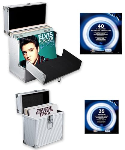 Retro musique Custodia in alluminio per dischi in vinile da 30,5 cm con patta frontale pieghevole per un migliore accesso ai tuoi LP, contiene fino a 40 LP (in custodia in PVC), include 40 custodie