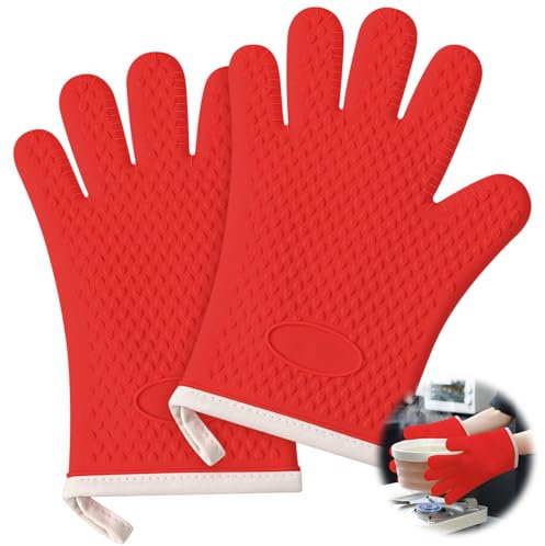 Guanti da forno resistenti al calore, con fodera in cotone e silicone, resistenti al calore, per 1200 ℃ con impermeabili e antiscivolo, set di 2 guanti da forno a cinque dita per cottura al forno,