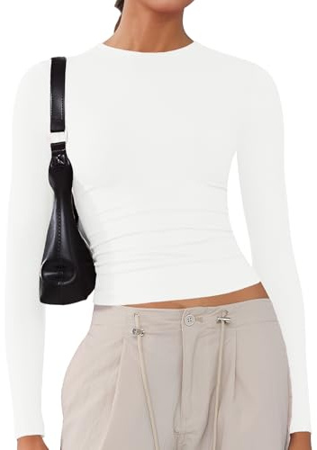 Women's Soft Long Sleeve Shirts Crew Neck Tops Basic Tees Stretchy Going Out Crop Tops Y2K Slim Fit T-Shirts White S