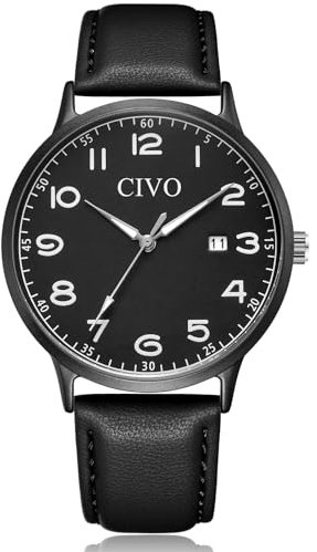 CIVO Uhren Herren Lederarmband Armbanduhr: Schwarz Herrenuhr Datum Leuchtend Wasserdicht - Minimalistische Design Uhr Analog Quarz Klassisch Geschenke für Männer