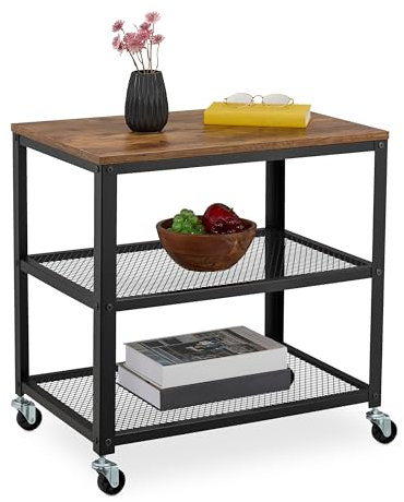 Relaxdays Rollwagen, 3 Ablagen, Industrial Design, HBT: 61x60x40 cm, Küchenwagen mit Rollen, Stahl & MDF, schwarz/braun