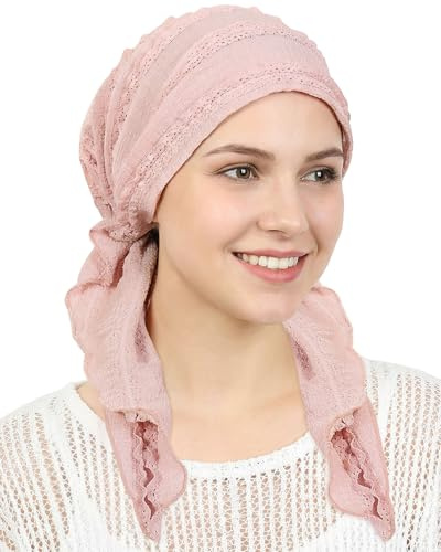 Babalet Slip-On Pre-Tied Beanie Women Headwear Turban Beanie Caps Head Wrap Headscarf for Women Sleep Hair Cover Hat Stretchy Lace Fabric, Pink
