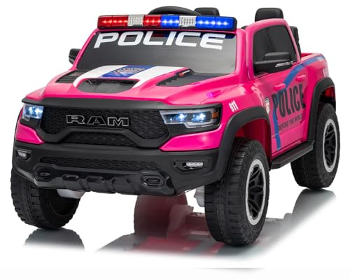 AOKOY 24V 4WD Licensed RAM Ride On Police Car,Battery Powered Electric Car with Remote Control for Boys Girls Ages 3+, Kids Ride On Car with Bluetooth, Rose Pink