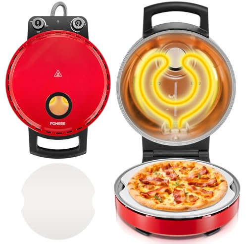 Horno Pizza Electrico en 3Min, Calienta Hasta 400℃, 5 Niveles de Temperatura, con Piedra Cerámica de 32 cm, Ventana de Visualización, Temporizador, para Uso en Interiores y Exteriores, Rojo