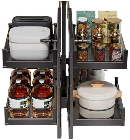 KaBuea Blind Eckschrank Ausziehbarer Kücheneckschrank Organizer, links offen oder rechts offen 2-stufige ausziehbare Home Organizer für 61cm Schrank, Soft Close, Bodenmontage