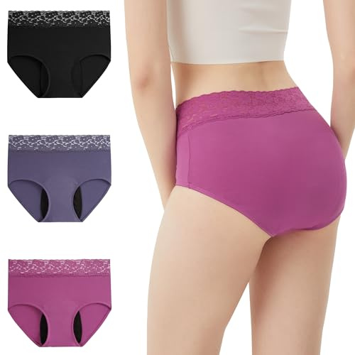 OEIOEI periodiska underkläder stark blödning spets hög midja menstruationsunderkläder bomull 3-pack, Bärlila/blålila/svart, M