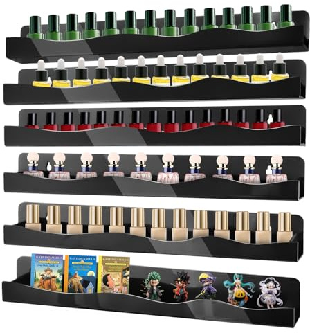 Nail Polish Wall Rack, 6-Shelf 15-Inch Black Acrylic Nail Polish Shelves with Removable Ends â Multi-Purpose Shelf for Essential Oils, Cosmetics Storage and Display for Salons and Bathrooms