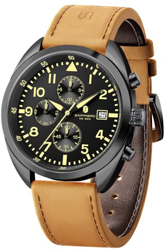 SAPPHERO Orologio da uomo: Orologio al quarzo analogico con cinturino in pelle, Orologio da uomo classico per affari, Display con numeri arabi, facile leggibilità– Orologio sportivo alla moda con