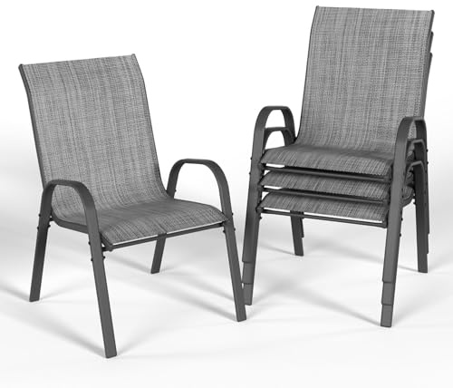 UDPATIO Stackable Garden Dining Chairs Set of 4, Outdoor Patio Chairs with High Back, Breathable Textilene Seat and Steel Frame for Garden, Balcony, Backyard, Grey