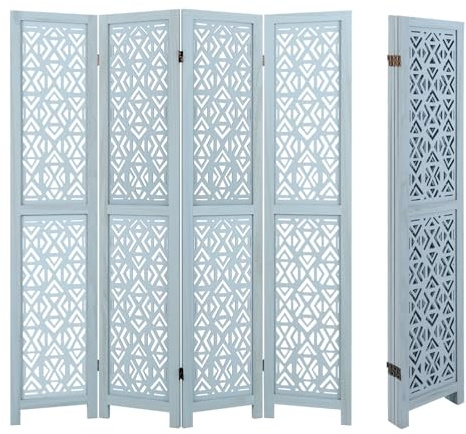 Multigot 4 Panel Room Divider, Solid Paulownia Wood Folding Privacy Screen | Boho 165cm High Paravent Separator Freestanding Room Partition with Carved Pattern for Home Bedroom Office Studio