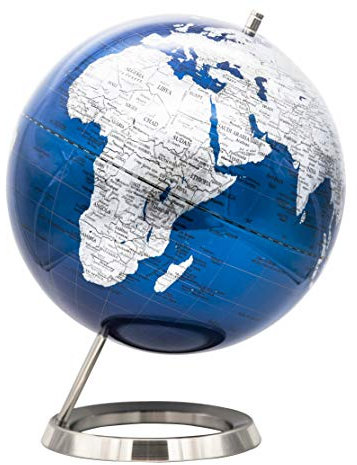 EXERZ 25CM Mappamondo - in Inglese - Globo - con una base in acciaio inossidabile - Blu Metallizzato