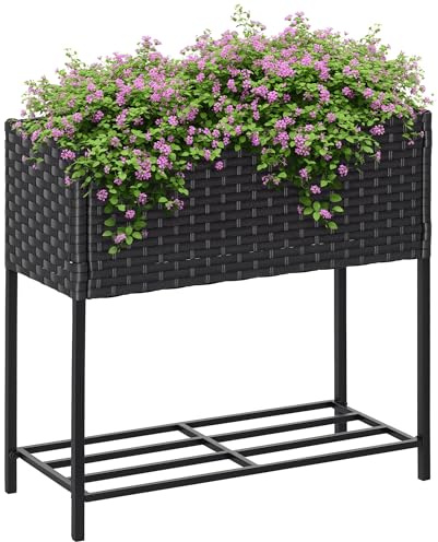 Outsunny Letto per Orto Rialzato, Fioriera Effetto Vimini con Ripiano, Aiuola Rialazata per Esterni e Interni, Grigio (70cm x 30cm x 72cm)