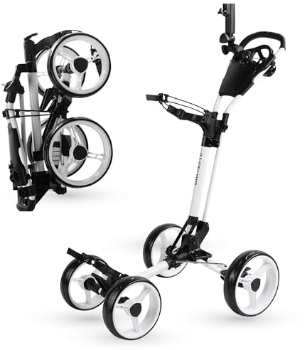 Qwik-Fold Golf Push Cart 4-Wheel with Foot Brake – 1-Second Fold Golf Trolley, Lightweight Aluminum Frame, Adjustable Handle, Ball-Bearing Wheels & Umbrella Holder - White/White