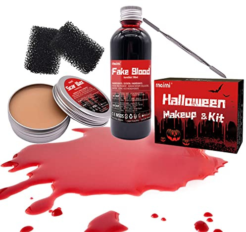 Halloween Kunstblut 4er Set Fake Blood 100 ml + Modellierwachs Haut Wachs 50g + 1 Spatel +2 Grober Schwamm für theaterschminke halloween schminke fake skin halloween make up Zombie Wundschorf Schminke