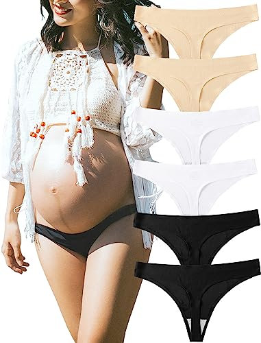 KUKU PANDA Nylon Damen String Tangas Schwangerschaftsunterhose für Frauen Nahtlose Slips Thongs 6er Pack Set (Schwarz/Weiß/Beige, Small)