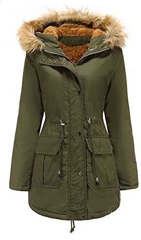 YFFUSHI Abrigo con capucha de piel sintética de las mujeres de manga larga chaqueta de forro polar forro de invierno parka ropa de abrigo, verde, 3XL