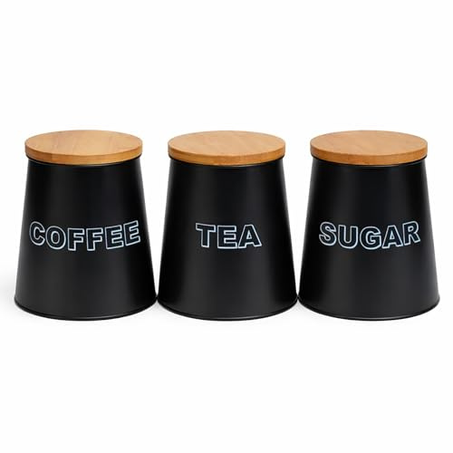 simpa 3PC Tea, Sugar & Coffee Set – Matt Black Conical Shaped Metal Kitchen Storage Storage Jar Canisters