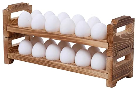 KingLin Stackable Wooden Egg Holder Countertop, Farmhouse Kitchen Fresh Egg Organizer Rack, 2-Tier, Holds 24 Eggs, Natural Wood, Fridge Safe, Chemical-Free Finish