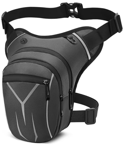 VOBUKE Sac de Jambe Tactique Etanche Sacoche Moto Leg Bag, Réfléchissant Poche Jambe Sac Cuisse Banane Multifontion Sacs Ceinture Sport pour Homme Femme Voyage Camping Course Equitation Pochette Gris