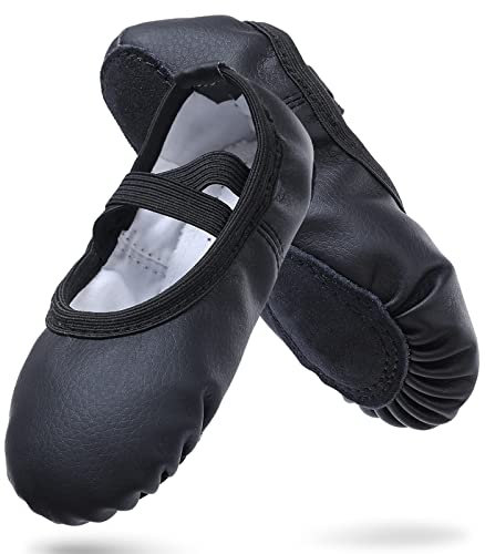 Ballet Shoes for Girls Leather Ballet Slippers Split Sole Dance Flats Gymnastics Shoes for Toddlers Women Kids Black 2 UK