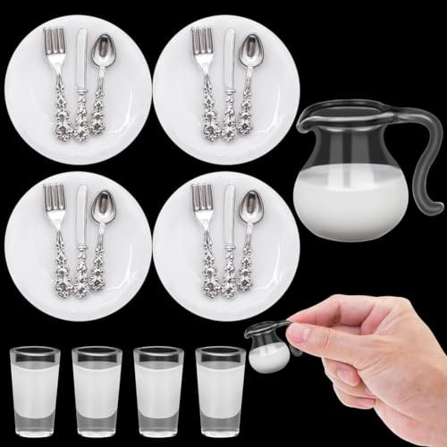 Wichtel Zubehör Weihnachten, 4 Stück Wichtelzubehör Miniatur Besteck und Teller Miniatur Wichtelzubehör Set, Miniatur Milchkanne und Milchtassen Miniatur Geschirr 1/12 Puppenhaus Zubehör Küche