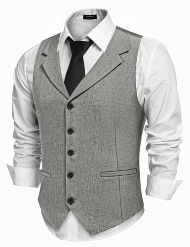 COOFANDY Suit Vest for Men Gray Casual Vests Notch Lapel Cowboy Waistcoat, Gray, L