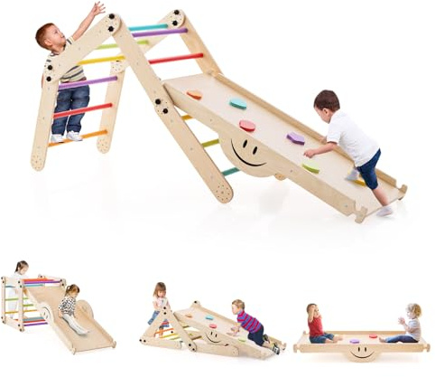 COSTWAY 5 in 1 Set da Arrampicata per Bambini, Giochi da Arrampicata Pieghevoli in Legno con Rampe Regolabili e Reversibili, Scala da Arrampicata per Bambini 3+ Anni (Colorato)