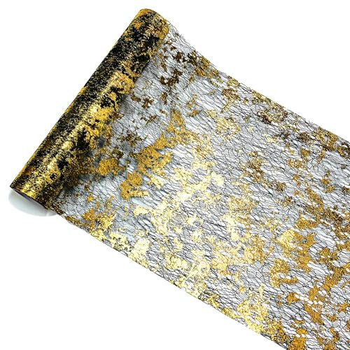 Tischläufer Schwarz Gold, Tischband Tischläufer Hochzeit Polyester Tisch läufer Tischdecken Dekostoff mit einzigartigem foliendesign für Partys Kommunionen Taufen, 28cm×5M