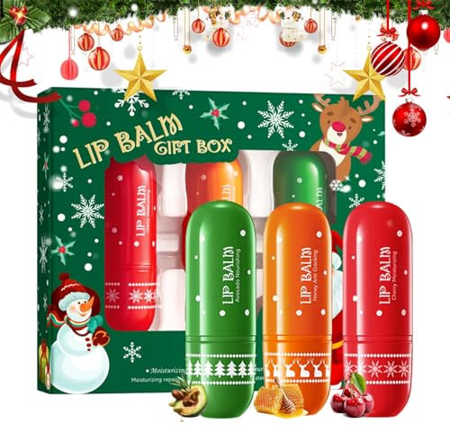 Weihnachts Lippenbalsam Set, 3 Stück Hydrating Lip Balm Set, Feuchtigkeitsspendende Lippenmaske, Lang anhaltende & Nährende Lippenpflege für Trockene & Rissige Lippen, Aufhellung von Lippenfältchen