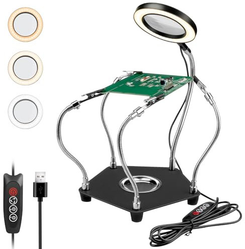 Soporte para Soldar con 3X Lupa, Lytool Tercera Mano Soldadura con Luz LED con 4 Piezas Pinzas de Cocodrilo Soldadura Herramienta para Soldar y Hacer Joyas
