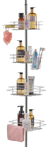 VEVOR Barra de Tensión para Ducha de Esquina Multifuncional con Bandeja Resistente, Resistente a la Oxidación y Fácil de Instalar, Apta para Baños y Aseos, 239 x 239 x 2895 mm, 4 Capas, Negro