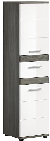 xonox.home Badezimmer Blake X02B2710 Hochschrank Schrank Kommode hoch in Front weiß Hochglanz Korpus rauchsilber Nb.ca.35x134x31 cm