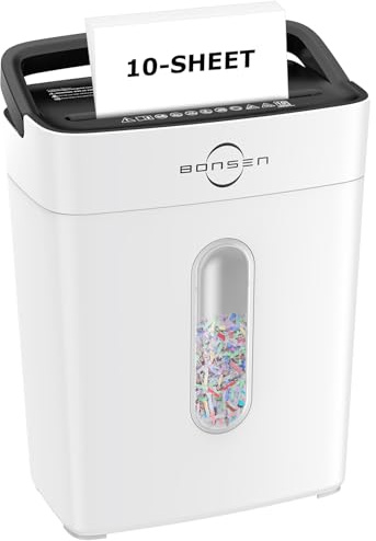 Bonsen - Trituradora de papel de corte cruzado de 10 hojas para oficina en casa, P-4, mango portátil, contenedor de 4 galones, papel y trituradora de tarjetas de crédito, blanco (S3201-W nueva versión