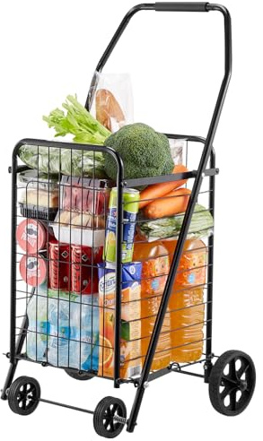 VEVOR Shoppingvagn, vikbar livsmedelsvagn med svängbara hjul, 40 kg stor lastkapacitet, slitstark rullande tvättkorg butler för tvätt, shopping, camping, livsmedelsbutik, bagage, svart