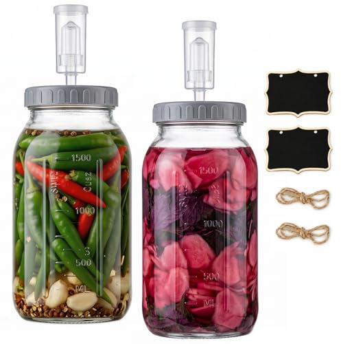 Gunolye 2 Pack Fermentation Jars, Glass Fermenting Jar 2L with Water Seal Airlock Lids, Wide Mouth Kimchi Container, Home Fermentation Pot for Sauerkraut, Sourdough Starter, Kefir, Vegetable Pickling